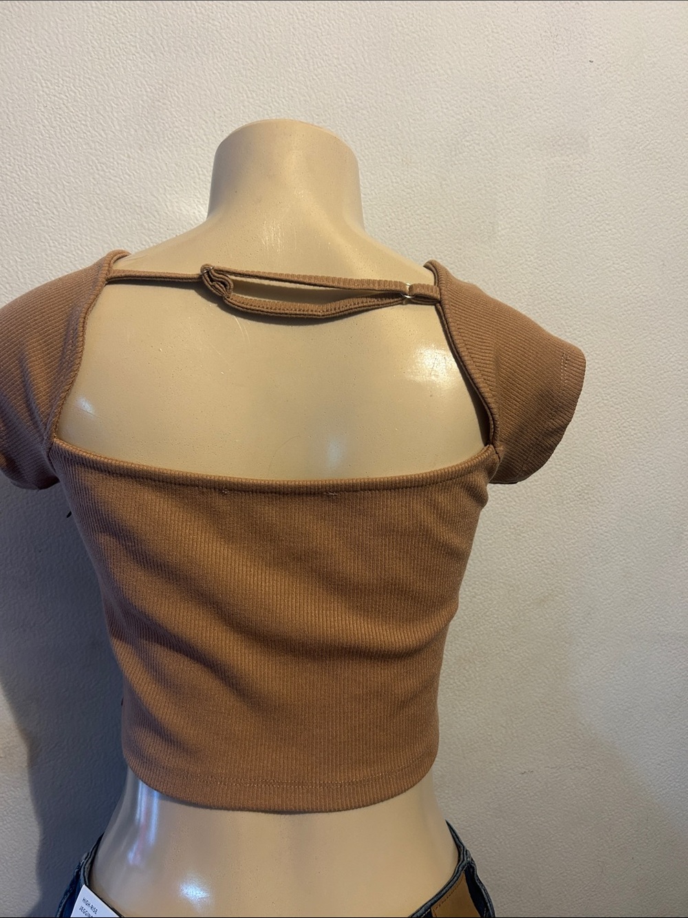 Square-Neck Ribbed Crop Top in Tan - Picture 4 of 5